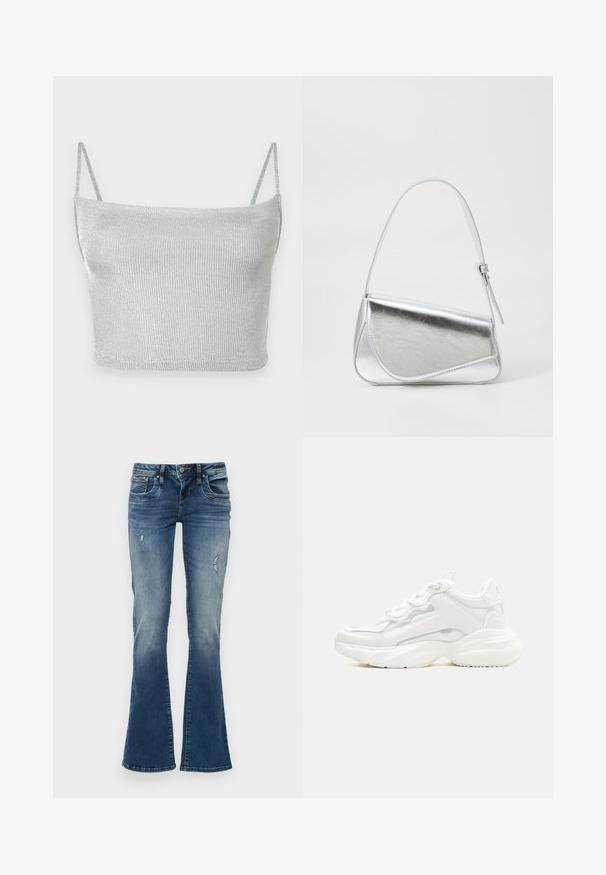 Sølvmetallic strikket cropped top med tynde justerbare stropper. Tætsiddende design og glat tekstur. Ingen mønstre eller synlige hardware-detaljer.; Denim jeans med flair i mellemblå med udskudte områder og slidte detaljer. Har fem lommer og lynlås med knaplukning.; Hvid chunky sneaker med tyk sål, snørelukning foran og glat syntetisk overdel med subtile syningsdetaljer.; Sølvmetallic håndtaske med en trekantet form, glat overflade og en tynd, justerbar skulderrem. Har et fold-over design med syninger.