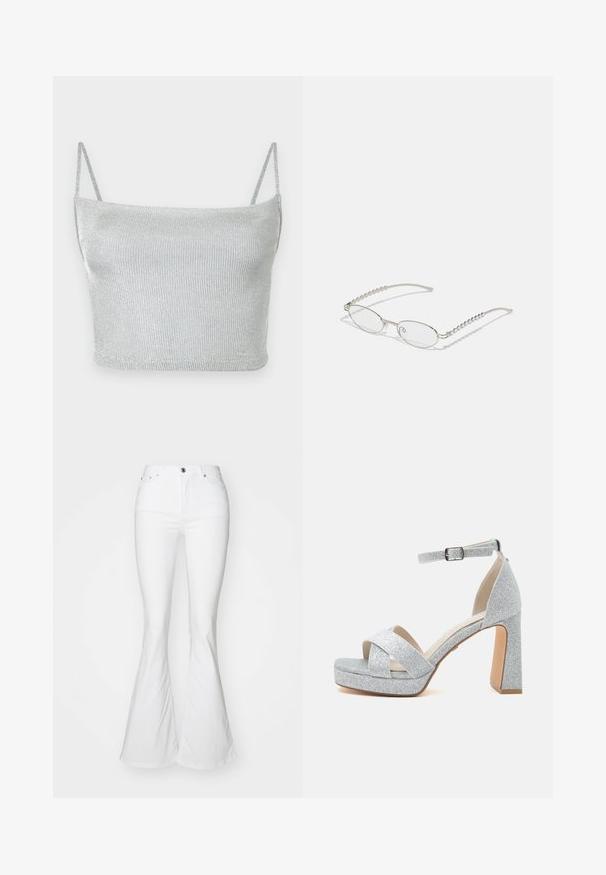 Silbernes, metallisch glänzendes, gestricktes Crop-Top mit dünnen, verstellbaren Trägern. Enganliegendes Design und glatte Textur. Keine Muster oder sichtbare Verzierungen.; Weiße, ausgestellte Jeans mit hoher Taille, aus Denim. Verfügt über einen Knopfverschluss vorne und fünf Taschen. Glattes, strukturiertes Material.; Silberne Glitzer-Plateausandale mit klobigem hohen Absatz, gekreuzten Riemen über den Zehen und verstellbarem Knöchelriemen mit Schnalle.; Ovale Brillen mit einem metallisch-silbernen Rahmen, klaren Gläsern und strukturierten Perlenakzenten an den Bügeln. Leichtes Design mit gebogenen Bügeln.