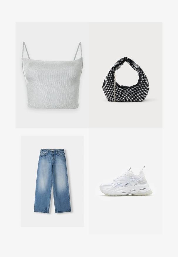 Strieborný metalický pletený crop top s tenkými nastaviteľnými ramienkami. Priliehavý strih a hladká textúra. Žiadne vzory ani viditeľné kovové detaily.; Svetlomodré džínsy s voľným strihom, širokými nohavicami a vyblednutými časťami. Vyrobené z denimu s klasickým dizajnom piatich vreciek a zapínaním na horný gombík.; Biele tenisky s masívnou podrážkou, vrstveným sieťovinovým a syntetickým zvrškom, s vzorovanými akcentmi, systémom šnurovania a poutkom.; Čierna sieťovaná kabelka zdobená striebornými nitmi, s obľúbenou rukoväťou a reťazovou popruhom. Mäkká textura s zaobleným tvarom.