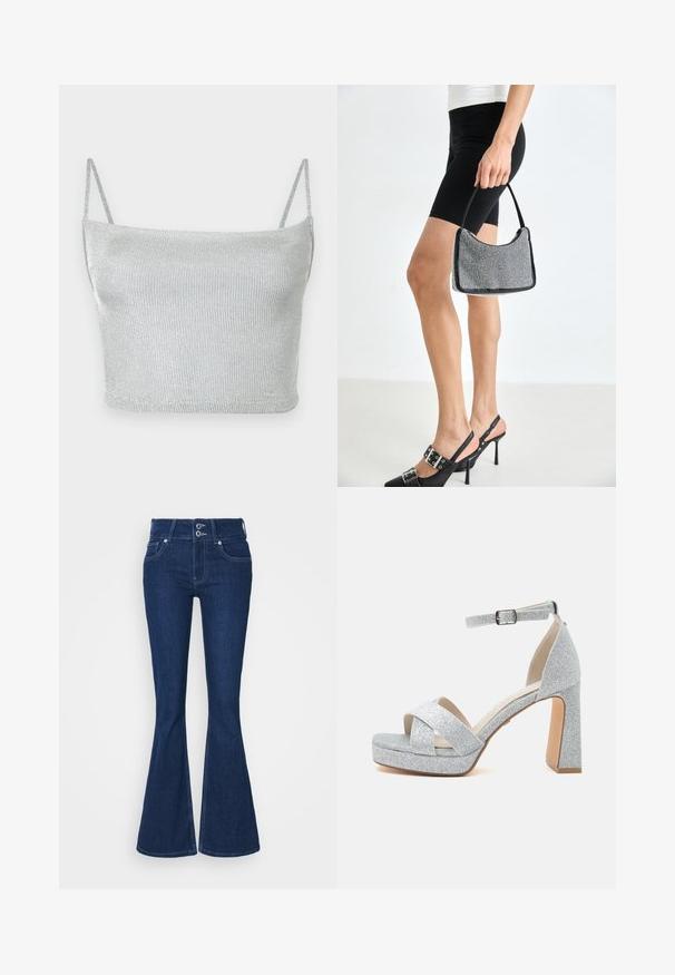 Crop top court en maille métallique argentée avec fines bretelles ajustables. Coupe ajustée et texture lisse. Aucun motif ni détail métallique visible.; Jean évasé bleu foncé à taille haute, avec deux boutons de fermeture et des poches avant. Fabriqué en denim avec des détails de couture visibles le long des coutures.; Sandale plateforme pailletée argentée avec talon haut épais, brides croisées sur les orteils et bride de cheville réglable avec boucle.; Sac à main à perles noires avec une silhouette courbée, une poignée de transport et une texture brillante. Porté avec des chaussures à talons hauts noires et un short noir ajusté.