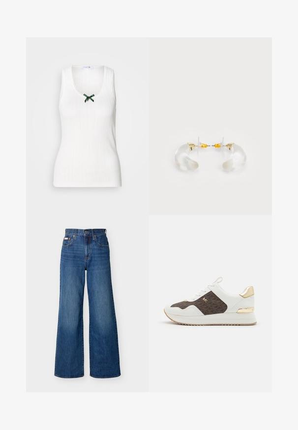 Witte mouwloze tanktop met ribbelstructuur, een V-hals en een groene strikaccent aan de voorkant. Heeft subtiele branding door het hele ontwerp.; Blauwe wijde denim jeans met hoge taille, knopen aan de voorkant, rits en vijfzakkenontwerp tegen een effen achtergrond.; Witte sneakers met bruine patroonstofpanelen, gouden hardwareaccenten, ronde neus, vetersluiting en gestructureerde rubberen zool.; Heldere acryl oorringen met gouden accenten, met een gebogen ontwerp en transparante sluiting. Gladde textuur, minimalistische stijl.