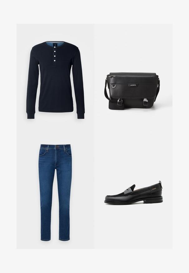 Dunkelblaues Langarmshirt aus Baumwolle mit einem Henley-Ausschnitt, ausgestattet mit fünf weißen Knöpfen und gerippten Bündchen. Weiche Textur und figurbetontes Design.; Dunkelblaue Jeans aus Denim mit geradem Bein, vorderen Taschen und einem Knopfverschluss am Bund. Glatte Textur, minimale Details.; Schwarzer Lederloafer mit grauem Riemendetail, niedrigem Absatz und strukturierter Sohle, seitlich mit „HUGO“ in Gold gebrandmarkt.; Schwarze, strukturierte Lacoste-Umhängetasche mit verstellbarem Tragegurt, Frontklappe, Reißverschlusstasche und Metallschnallen.