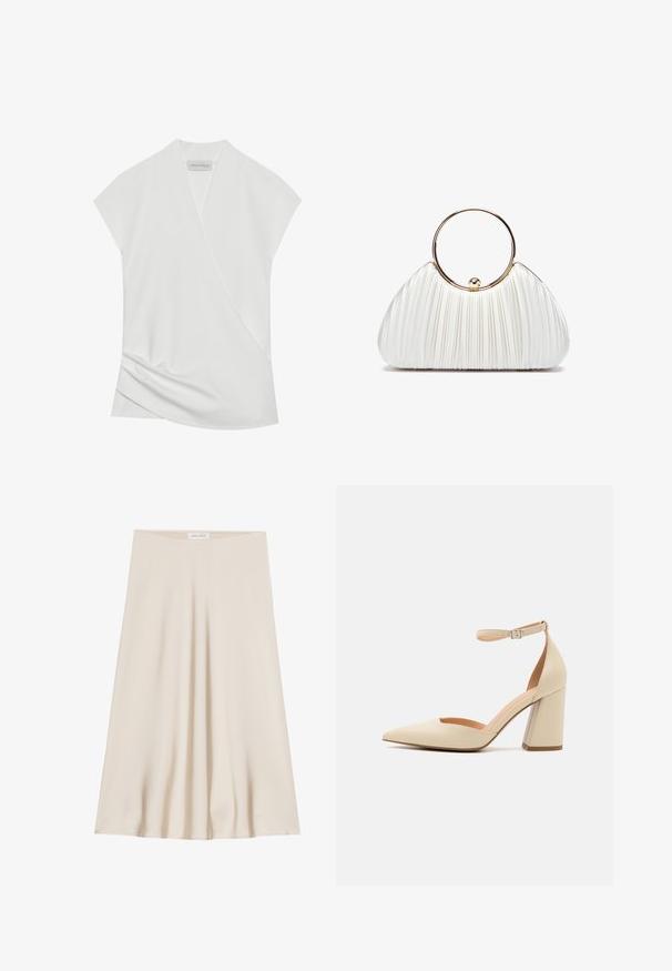 Blusa blanca de manga corta con un diseño cruzado, que presenta un sutil drapeado en el dobladillo y una textura suave y ligera. La etiqueta dice "ANNA FIELD."; Una falda de color crema hasta la rodilla, confeccionada en una tela suave con un diseño acampanado y una cinturilla ancha. Sin patrones ni adornos presentes.; Zapato de tacón alto de charol beige con punta afilada, correa en el tobillo y tacón grueso. Textura suave con detalles de costura mínimos.; Bolso de mano blanco plisado con un asa circular dorada, que presenta un tejido suave y una forma redondeada. Diseño elegante con un acabado texturizado.