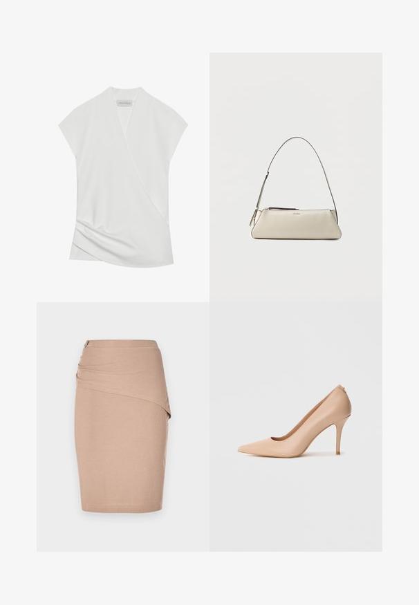 Witte korte mouwen blouse met een wikkeldesign, met subtiele draping aan de zoom en een gladde, zachte textuur. Label leest "ANNA FIELD."; Beige kokerrok tot de knie, gemaakt van ribbelstof, met een gedrapeerd voorpand en een zilveren rits aan de zijkant. Gladde textuur.; Beige leren pump met hoge hak, een puntige neus, een gladde textuur en een slanke naaldhak. Minimalistisch ontwerp met een instapmodel.; Kleine beige leren schoudertas met dunne band en ritssluiting, voorzien van een discreet metalen logo aan de voorzijde in het midden.