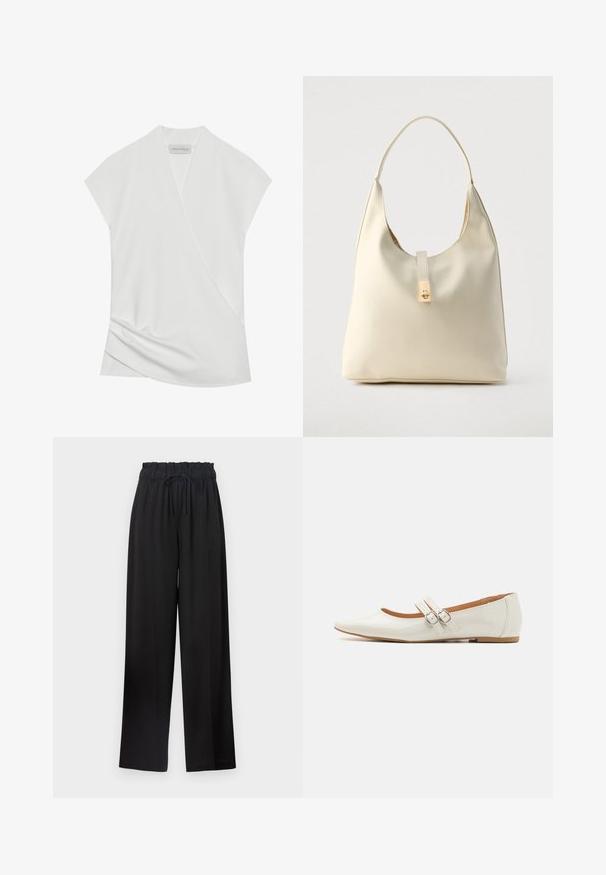 Blusa blanca de manga corta con un diseño cruzado, que presenta un sutil drapeado en el dobladillo y una textura suave y ligera. La etiqueta dice "ANNA FIELD."; Pantalones de pierna ancha negros con una cinturilla elástica y cordón. Fabricados con un tejido suave sin patrones visibles ni elementos de metal.; Bailarinas de charol blanco con punta afilada, dos tiras decorativas con hebillas plateadas y una plantilla sutilmente marrón.; Bolso hobo de cuero color crema con una sola correa para el hombro, textura suave y detalle de cierre metálico dorado en el frente.