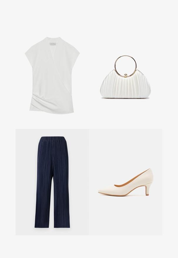 Blouse blanche à manches courtes avec un design drapé, présentant un léger tombé à l'ourlet et une texture lisse et douce. L'étiquette indique "ANNA FIELD."; Pantalon large taille haute bleu marine avec de fines plis verticaux et une ceinture élastique sur un fond clair.; Chaussure à talon haute en cuir blanc avec un bout pointu et un talon fin, légèrement incliné. Texture lisse avec un design minimaliste et une semelle beige.; Sac à main plissé blanc avec une poignée circulaire en or, doté d'un tissu doux et d'une forme arrondie. Design élégant avec une finition texturée.