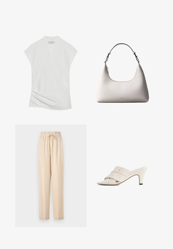 Hvid kortærmet bluse med indviklet design, der har diskret drapering ved kanten og en glat, blød tekstur. Mærket siger "ANNA FIELD."; Beige, lette bukser med elastisk talje, snøre detaljer og lige ben. Glat tekstur, minimalisk stil.; Beige højhælede mules med et snoet læderstropdesign, åben tå og præget logoaccent. Hælen har en sort spidsdetalje.; Cremefarvet skuldertaske i læder fra Calvin Klein med buet topkant, sølvfarvet lynlås og mørkebrun justerbar rem.