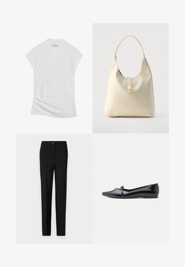 Blusa blanca de manga corta con un diseño cruzado, que presenta un sutil drapeado en el dobladillo y una textura suave y ligera. La etiqueta dice "ANNA FIELD."; Pantalones negros ajustados con un diseño de pierna recta, con cierre de botón y trabillas para cinturón, fabricados con tela suave.; Bailarina de charol negro con punta afilada, correa decorativa y textura lisa. Diseño minimalista sin adornos visibles.; Bolso hobo de cuero color crema con una sola correa para el hombro, textura suave y detalle de cierre metálico dorado en el frente.