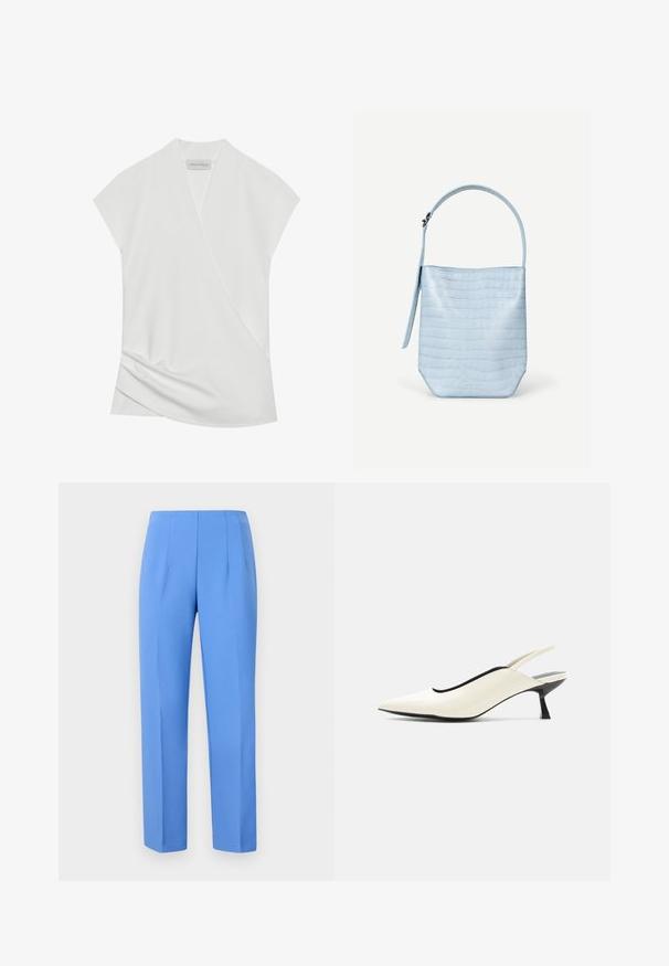 Blusa blanca de manga corta con un diseño cruzado, que presenta un sutil drapeado en el dobladillo y una textura suave y ligera. La etiqueta dice "ANNA FIELD."; Pantalones azules a medida, hechos de tela suave con pliegues laterales, que presentan un corte recto y una cinturilla limpia. Sin hardware visible ni patrones.; Zapato slingback de punta puntiaguda color crema con tacón bajo tipo gatito negro y acabado en cuero liso sobre fondo blanco.; Bolso de mano azul claro con textura de cocodrilo, forma rectangular, asa superior única y una correa colgante lateral sobre un fondo blanco liso.