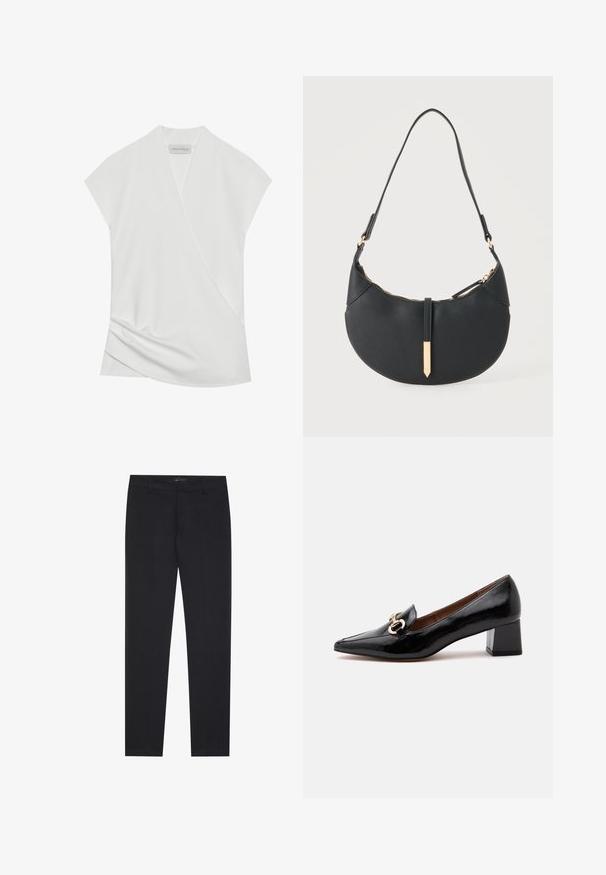 Blouse blanche à manches courtes avec un design drapé, présentant un léger tombé à l'ourlet et une texture lisse et douce. L'étiquette indique "ANNA FIELD."; Pantalons formels noirs slim fit avec passants de ceinture et poches avant, conçus pour un look professionnel et ajusté.; Mocassin en cuir verni noir à petit talon bloc, détail chaîne dorée sur le dessus, bout pointu et doublure intérieure marron.; Sac à main noir en forme de croissant avec une bandoulière unique, une fermeture éclair dorée et une languette décorative rectangulaire dorée à l'avant.