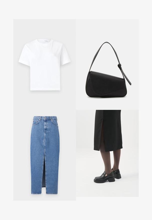 Einfaches weißes kurzärmeliges Baumwoll-T-Shirt mit rundem Ausschnitt und geradem Saum, dargestellt auf weißem Hintergrund.; Hellblaues Denim-Midi-Rock mit einem vorderen Schlitz, klassischem Fünf-Taschen-Design und einem oberen Knopfverschluss. Der Stoff hat eine leichte Textur.; Frau trägt schwarze Loafers mit klobigem Absatz, schwarze transparente Strumpfhosen und einen schwarzen Rock mit Schlitz hinten vor weißem Hintergrund.; Schwarze Lederhandtasche mit dreieckiger Form, schrägem Klappdeckel und rundem Oberhandgriff. Verfügt über eine glatte Textur und minimalistische Designdetails.