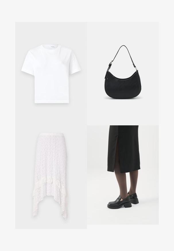 Effen witte katoenen T-shirt met korte mouwen, ronde hals en rechte zoom, getoond op een witte achtergrond.; Wit kanten rok met een textuur floral patroon, een high-low zoom en gerimpelde accenten aan de onderkant, voorzien van een elastische tailleband.; Vrouw met zwarte loafers met grove hak, zwarte doorschijnende panty's en een zwarte rok met een split aan de achterkant op een witte achtergrond.; Zwarte hobo tas van soepel leer met een gebogen silhouet, voorzien van een enkele verstelbare schouderriem en minimalistische ontwerpdetails.