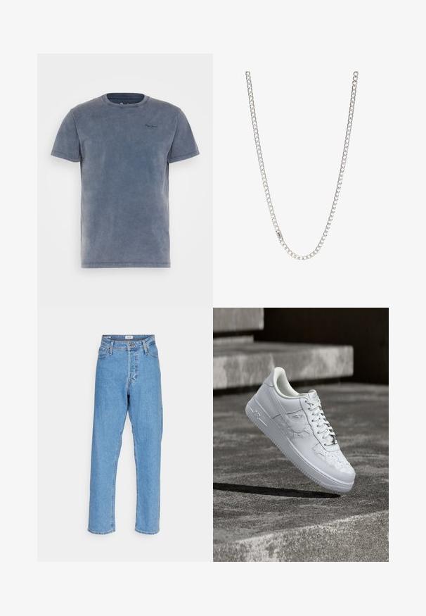 T-shirt en coton bleu à col rond et manches courtes. Présente un logo subtil sur la poitrine et une finition légèrement texturée.; Jeans taille haute droite bleu clair avec bouton à l'avant, fermeture éclair, passants de ceinture et design à cinq poches sur fond blanc.; Baskets blanches Nike Air Force 1 avec des motifs d'étoiles embossés et un pendentif métallique en forme d'étoile sur les lacets, flottant au-dessus d'une surface en béton.; Collier en argent composé de maillons entrelacés, texture lisse et forme rectangulaire uniforme. Détail du fermoir sécurisé.