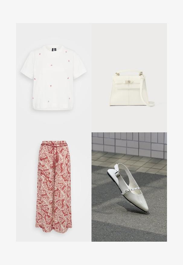 T-shirt en coton blanc à manches courtes avec de multiples petites fraises brodées en rose et vert. Coupe décontractée, décolleté rond.; Vero Moda Petite VMBALI WIDE PANTS - Pantalon classique - marsala; Chaussure plate slingback blanche pointue avec deux boucles argentées, présentée en extérieur sur un sol texturé et un mur carrelé en arrière-plan.; Sac à main en cuir blanc avec une forme structurée, poignée supérieure, bandoulière amovible et fermeture à boucle argentée. Texture lisse, design minimaliste.