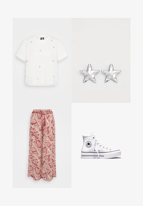 Hvid bomulds t-shirt med korte ærmer, der har flere broderede små jordbær i pink og grøn. Løs pasform, rund halsudskæring.; Vero Moda Petite VMBALI WIDE PANTS - Bukser - marsala; Hvid Converse Chuck Taylor All Star højt snøresko med sorte striber og logoemblem på siden, vist mod en ensfarvet hvid baggrund.; Sølvstjernede øreringe med en poleret, blank overflade. Hver ørering har fem spidser og subtile teksturdetaljer på overfladen.