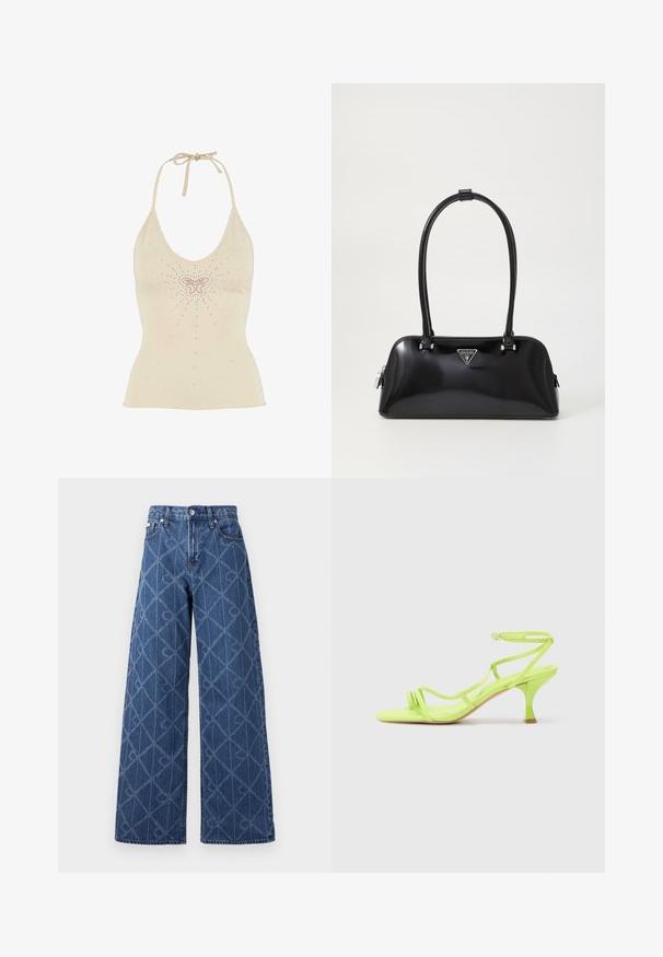 Cremefarvet halterneck top lavet af blødt stof med et sommerfugledesign og spredte rhinstenudsmykninger.; Vide ben jeans i mørkeblå denim med diamantmønster, kontrasterende syninger og knaplukning i taljen.; Neon grøn højhælede sandal med firkantet tå, tynde stropper, ankelspænde og buet hæl. Glat materiale med en blank finish.; Sort glanshandtaske med en buet silhuet, to håndtag og en frontlogo-plakette. Lynlås lukning og skinnende hardware-detaljer.
