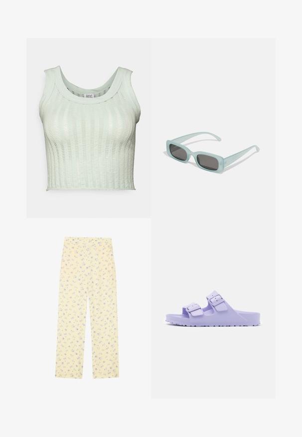 BDG Urban Outfitters BDG LADDER TANK - Top - mint as sample; Pantalones de pierna ancha amarillos claros con un patrón floral en azul. Cintura elástica, textura suave y corte recto diseñado para la comodidad.; Sandalias de resina morada con dos correas ajustables que presentan un acabado mate y suela texturizada. Diseño ligero adecuado para uso casual.; Un par de gafas de sol rectangulares con montura translucida azul clara y lentes gris oscuro, que cuentan con patillas rectas y detalles de hardware mínimos.