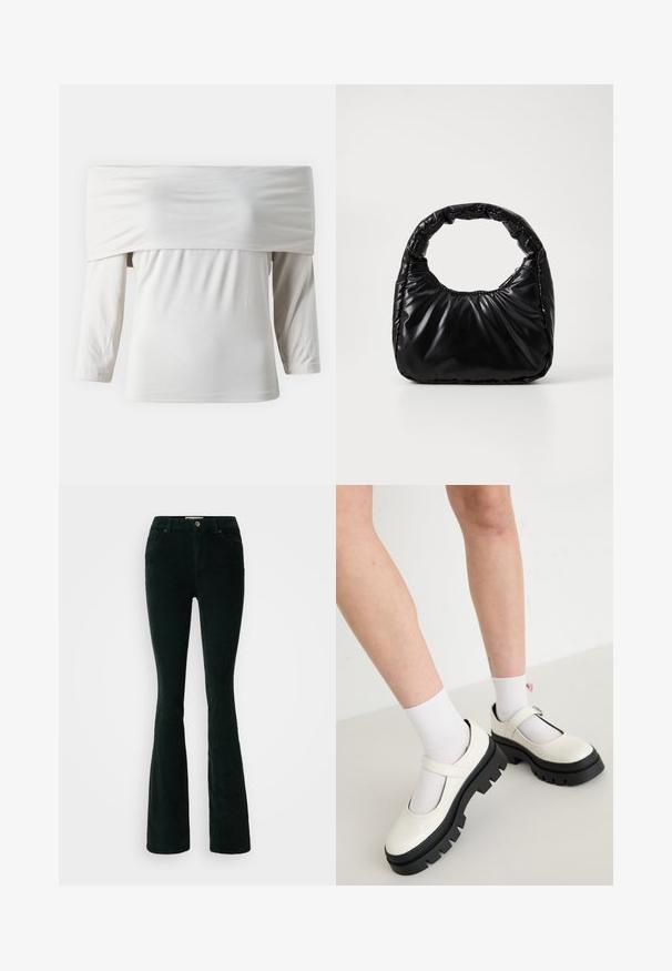 Weißes Off-Shoulder-Oberteil mit langen Ärmeln, aus weichem Material und lockerer Passform, mit Rüsche entlang der Taille.; Schwarze Cordhosen mit weitem Bein in dunklem Grün. Sie verfügen über eine hohe Taille, ein Fünf-Taschen-Design, einen Frontknopfverschluss und eine vertikale Rippstruktur.; Weiße Lackleder-Mary-Jane-Schuhe mit einer dicken schwarzen Sohle, versehen mit einem Riemen über dem Spann und getragen mit weißen Socken.; Schwarze gepolsterte Handtasche mit einem runden Griff, die eine glatte, glänzende Oberfläche und eine weiche, gestepfte Textur aufweist. Keine sichtbare Hardware oder Akzente.