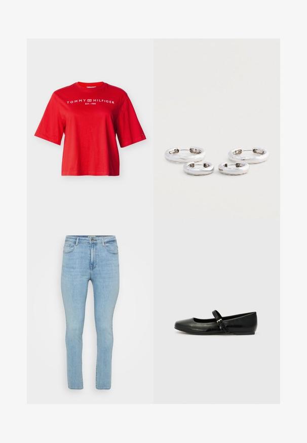 Camiseta roja de manga corta Tommy Hilfiger con texto de logo blanco y emblema en el pecho y un pequeño logo de bandera en la manga izquierda.; Vaqueros de mezclilla azul claro con corte ajustado, que cuentan con cinco bolsillos, trabillas para cinturón y una cremallera estándar con cierre de botón.; Bailarinas de cuero negro con punta redondeada, suela plana y una delgada correa ajustable en el empeine que cuenta con una hebilla de metal.; Dos pares de pendientes de aro de plata con una textura ligeramente martillada sobre un fondo blanco.