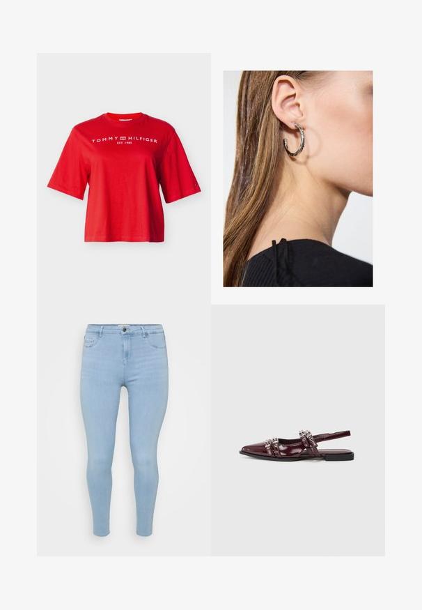 Rotes kurzärmeliges Tommy Hilfiger T-Shirt mit weißem Logo-Schriftzug und Emblem über der Brust sowie kleinem Flaggenlogo am linken Ärmel.; Helle blaue Skinny-Jeans aus Denim, mit Knopfverschluss, fünf Taschen und einer glatten, leicht gewaschenen Textur.; Bordeauxfarbene Lackleder Slingback-Ballerina mit spitzer Zehenpartie, ausgestattet mit dekorativen Riemen in metallischen Akzenten.; Silberne Creolen mit polierter Oberfläche, die kleine goldene Akzentdetails und eine runde Form aufweisen, am Ohrläppchen getragen.