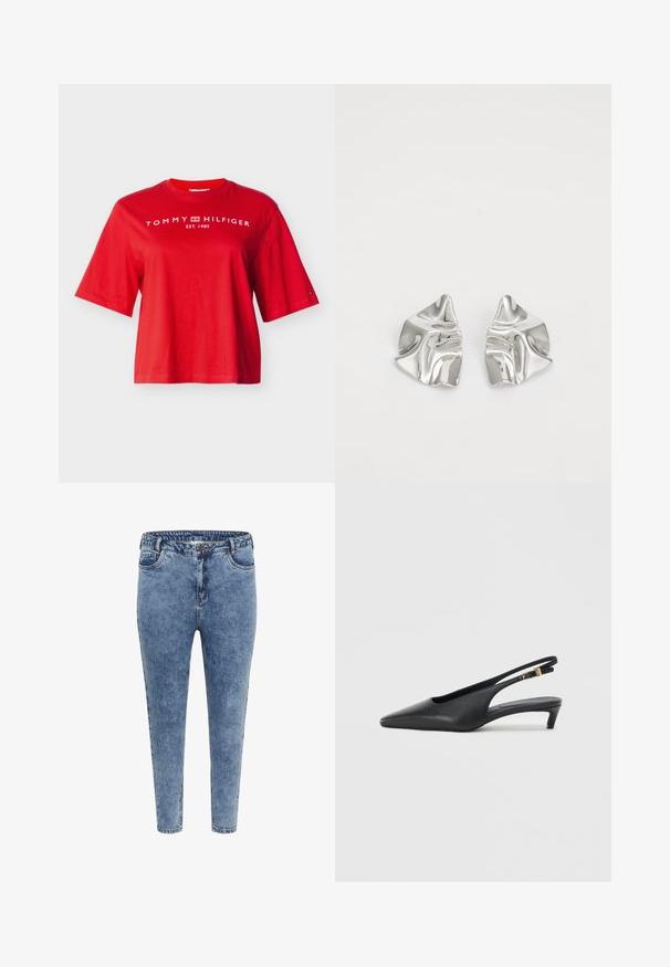 Rotes kurzärmeliges Tommy Hilfiger T-Shirt mit weißem Logo-Schriftzug und Emblem über der Brust sowie kleinem Flaggenlogo am linken Ärmel.; Blaue Skinny Jeans aus Denim mit hoher Taille, fünf Taschen und einem Reißverschluss. Der Stoff hat eine leicht ausgewaschene Textur mit kontrastierenden Nähten.; Schwarze Slingback-Pumps mit spitzer Zehe, glatter Lederoberfläche, niedrigem Kitten-Absatz und einem Riemen mit einem metallenen Schnallenakzent.; Silberne Metallohrringe mit einem wellenförmigen, skulpturalen Design, das eine polierte Oberfläche und unregelmäßige Formen aufweist, die eine zeitgenössische Ästhetik betonen.