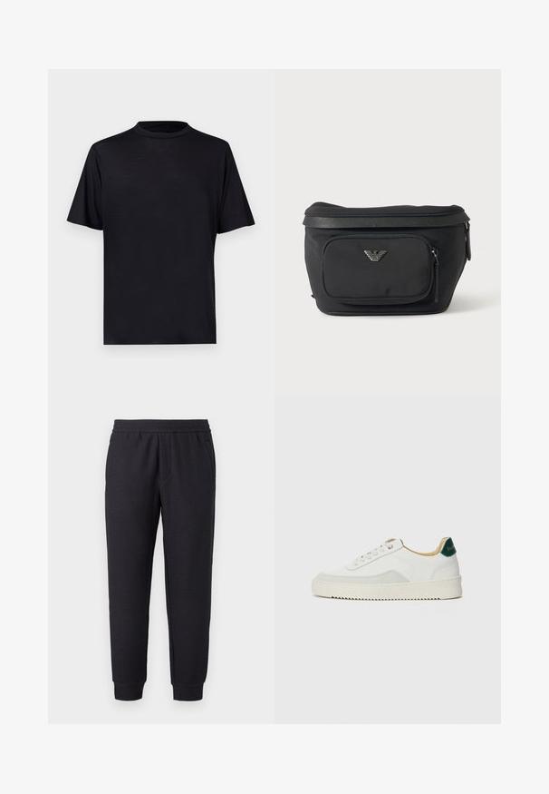 Zwart T-shirt met korte mouwen en een hoge hals, gemaakt van een glad, lichtgewicht materiaal, met een minimalistisch ontwerp zonder patronen of accenten.; Zwarte taps toelopende joggingbroek met elastische tailleband en boorden, voorzien van een subtiel textuurpatroon en zijzakken.; Witte sneaker met suède accenten, ronde neus, platte veters en een crème rubberen zool. Bevat groene branding op de hiel.; Zwarte heuptas met voorvak met rits en zilveren adelaarlogo, gladde stof met gestructureerde afwerking en ritstrekker.