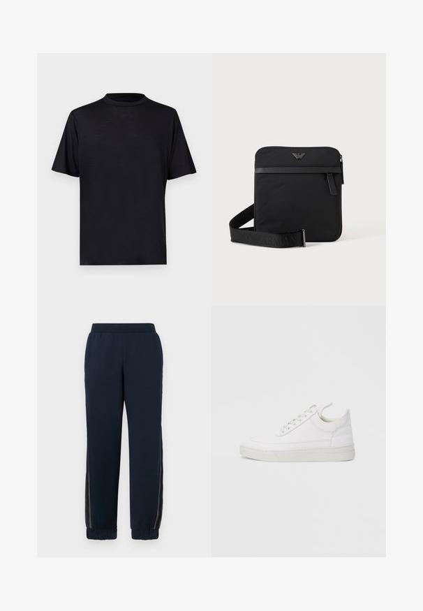 Camiseta negra de manga corta con cuello alto, hecha de una tela suave y ligera, con un diseño minimalista sin estampados ni adornos.; Pantalones de chándal azul marino con una textura suave, puños ajustados y paneles laterales de malla. Cintura elástica para mayor comodidad y un ajuste casual.; Zapatilla blanca de cuero con punta redondeada, suela plana y cierre de cordones. Presenta detalles de costuras y un cuello acolchado para mayor comodidad.; Bolso de hombro negro cuadrado con cierre de cremallera, bolsillo delantero y correa ajustable con nombre de marca en relieve.