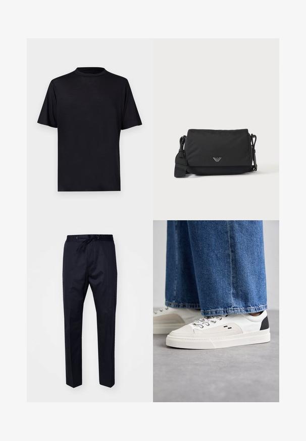 Sort T-shirt med korte ærmer og høj hals, lavet af en glat, letvægtsstof, med et minimalistisk design uden mønstre eller detaljer.; Marineblå, letvægtsbukser med elastisk talje, justerbar snor og lige ben. Glat tekstur uden synlige mønstre eller accenter.; Hvide og sorte sneakers med en glat læderoverdel, teksturerede detaljer og en kraftig hvid sål. Har et klassisk snørebåndsdesign.; Sort crossbody taske med justerbar rem og lille sølv logoemblem på frontklap, vist på ensartet lyst baggrund.