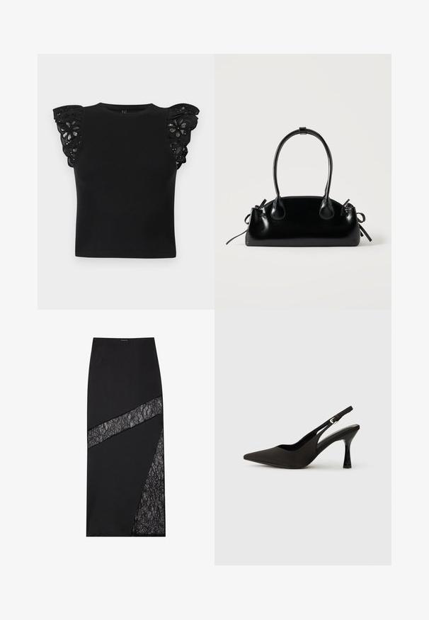 Haut noir sans manches avec encolure ronde, texture côtelée et volant en dentelle avec découpes florales sur les épaules.; Jupe midi noire présentant un motif géométrique avec des empiècements en dentelle texturée, un tissu structuré et une silhouette élégante.; Chaussures à talons noires avec une bride, à bout pointu, finition mate lisse et talon fin brillant. Sangle ajustable avec petit détail de boucle.; Petit sac à main noir brillant avec deux longues anses et des détails à cordon sur les côtés sur un fond clair uni.