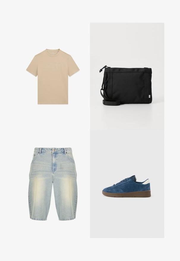 Beež lühikeste varrukatega t-särk, mille rinnal on sõna GUESS peenelt sobiva lõngaga tikitud, asetatud lamedalt valgele taustale.; Heledad sinine denim lühikesed püksid pleekinud pesuga, klassikalise viie taskuga disain, vööaasad ja sirge lõige.; Sinine seemisnahast spordijalats pruunist kummist tallaga, ümar ninaots ja toon toonis paelad. Kontsal on beež aksent ja peened õmblusdetailid.; Must mustra asendiga must kott, millel on tekstuuriga välimus, reguleeritav rihm ja nööriga sulgemine. Omab julgeid õmblusi ja külglabelit.