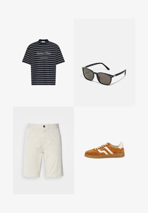 Marineblaue T-Shirt mit weißen horizontalen Streifen und dem Text "Calvin Klein" sowie "Established 1968" auf der Vorderseite.; Helle beige Shorts aus Baumwolle, mit einem Knopfverschluss, Vordertaschen und abgestepptem Saum. Glatte Textur mit einem lässigen Design.; Brauner Wildleder-Sneaker mit weißen Lederakzenten, ausgestattet mit einem niedrigen Profil, runder Zehenpartie und kontrastierenden Streifen an der Seite. Schnürdesign.; Polo Ralph Lauren Sonnenbrille - shiny black