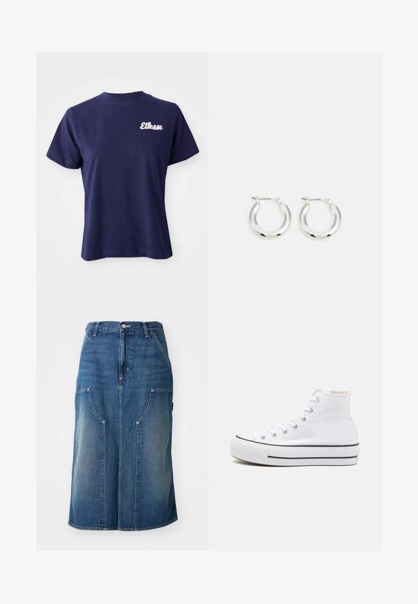 Marineblå bomulds T-shirt med korte ærmer, rund halsudskæring og hvidt "Ellesse"-logo broderet på venstre brystområde.; Blå denimnederdel med lige snit, forlommer og en talje med knaplukning, prydet med en falmet tekstur og sømdetaljer.; Hvide høj-top sneakers lavet af kanvasmateriale, sort gummisål og kontrasterende sort stribe på mellemsålen. Rund tåhætte og snørebåndsdesign.; Sølv hoop-øreringe med en poleret finish, der har en cirkulær form og en hængslet lukning. Glat tekstur med minimal detaljering.
