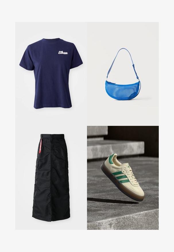 Marineblauwe katoenen t-shirt met korte mouwen, ronde halslijn en witte "Ellesse" logo geborduurd op de linkerkant van de borst.; Zwarte lange rok met een voorkant met knopen en rits, zij cargo zakken en een rode 'Remove Before Flight' stoffen label op de tailleband.; Crèmekleurige sneaker met groene accenten, drie groene strepen, een textuurrubberzool en een klassiek veterontwerp. "Samba"-logo aan de zijkant.; Blauwe mesh schoudertas met verstelbare riem en ritssluiting, getoond tegen een effen witte achtergrond.