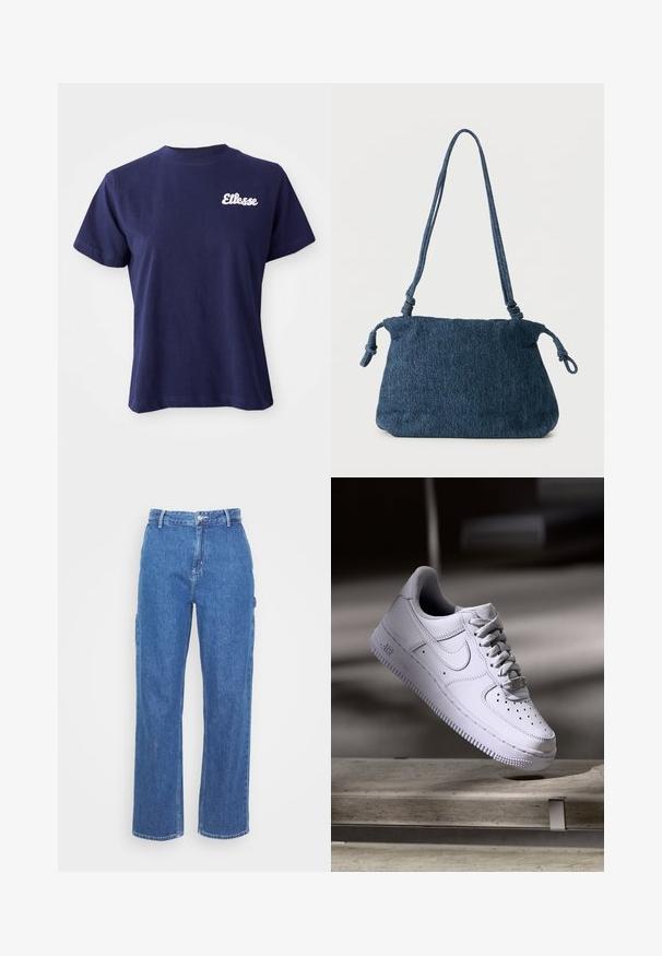 Marineblå bomulds T-shirt med korte ærmer, rund halsudskæring og hvidt "Ellesse"-logo broderet på venstre brystområde.; Blå denim bukser med høj talje og lige ben, der har en frontknaplukning og sidelommer. Glat tekstur uden synlige mønstre.; Hvid Nike Air Force 1 sneaker svævende over en betonoverflade med skygger i et minimalistisk miljø.; Mørkeblå denim skuldertaske med knyttede stropender og en enkel rektangulær form mod en hvid baggrund.