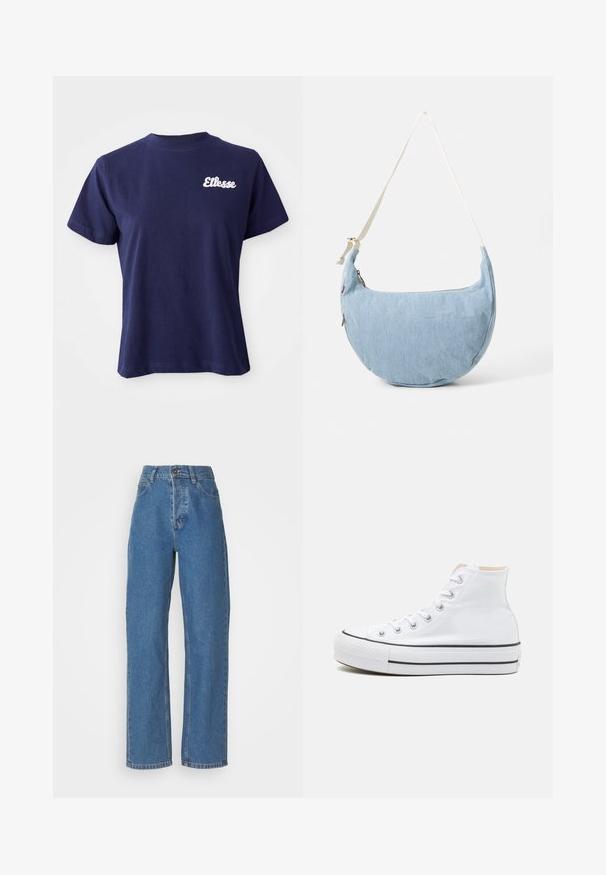 Camiseta de algodón azul marino con mangas cortas, escote redondo y logo bordado en blanco de "Ellesse" en el área del pecho izquierdo.; Jeans azules de tiro alto y pierna recta con un acabado desgastado. Cuenta con cinco bolsillos, un cierre de botón y detalles de costura sutiles.; Zapatillas altas blancas de material de lienzo, con suela de goma negra y una franja negra en el mediopie. Punta circular y diseño de cordones.; Bolso de hombro de mezclilla azul claro en forma de media luna con correa blanca ajustable y cierre de cremallera.
