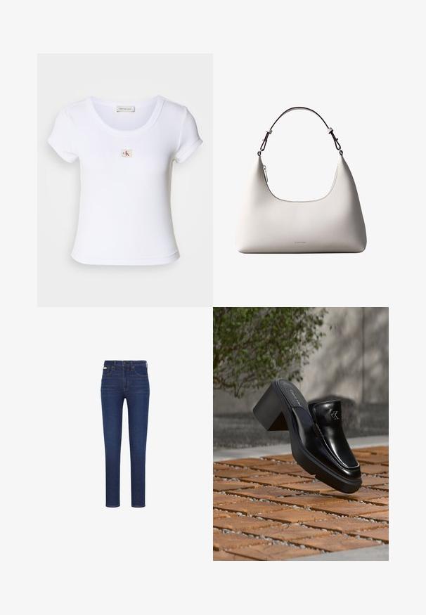 Camiseta ajustada blanca hecha de tela acanalada, con un cuello redondo y mangas cortas. Un pequeño logo de CK está bordado en el pecho.; Vaqueros azul oscuro hechos de denim, con ajuste slim, diseño de cinco bolsillos, cierre frontal con botones y costuras naranjas sutiles.; Mule tipo slip-on de cuero negro de Calvin Klein con tacón de bloque descansando sobre baldosas de madera al aire libre cerca de una planta verde y una pared gris.; Bolso de hombro de cuero color crema de Calvin Klein con borde superior curvado, cremallera plateada y correa ajustable marrón oscuro.