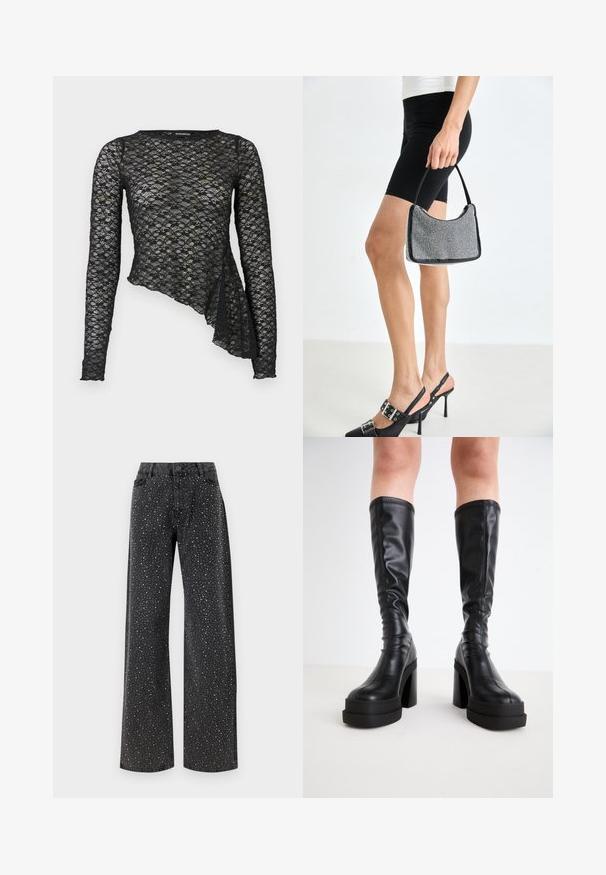 Sort blondebluse med lange ærmer og blomsterprint, asymmetrisk kant og en tætsiddende silhuet.; Noisy May Rhinestone - Jeans Relaxed Fit - black denim; Sorte knælange støvler i glat læder, med en tyk platform og blokhæle, samt stikninger langs kanterne.; Sort perlehandtaske med en buet silhuet, bærehåndtag og blank overflade. Båret med højhælede sorte sko og tætsiddende sorte shorts.