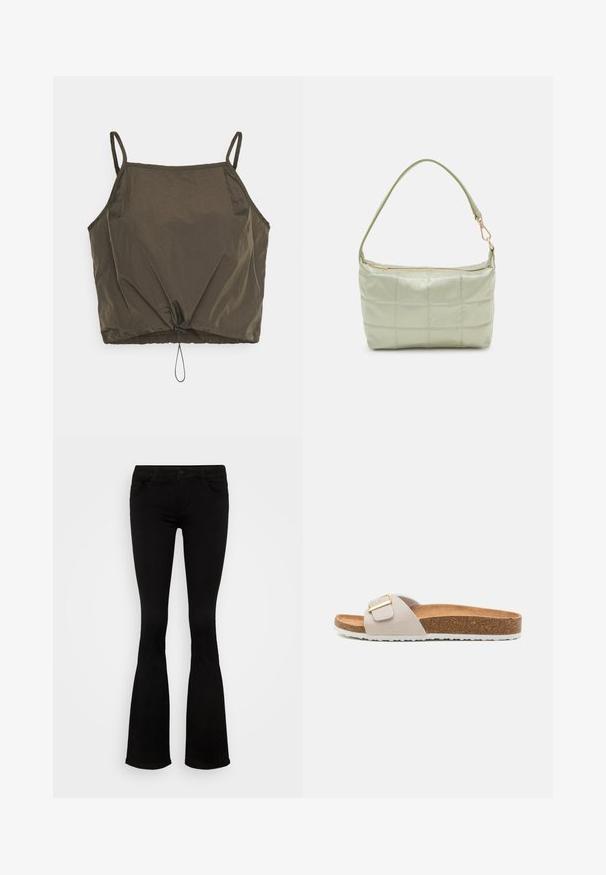 Noisy May NMPARACHUTE DRAWSTRING - Top - crocodile; Sorte flared jeans i et strækbart materiale med en tætsiddende top og brede ben. Har en frontknaplukning og sidelommer. Glat tekstur.; Lys grå slidesandal med en tekstureret rem og en guldbeslag. Har en korkfodrør og en hvid gummisål med et zigzag-mønster.; Polstret grøn skuldertaske med blød tekstur, rektangulær form, enkelt strop og lynlås i guldtoner. Har et quiltet mønster.