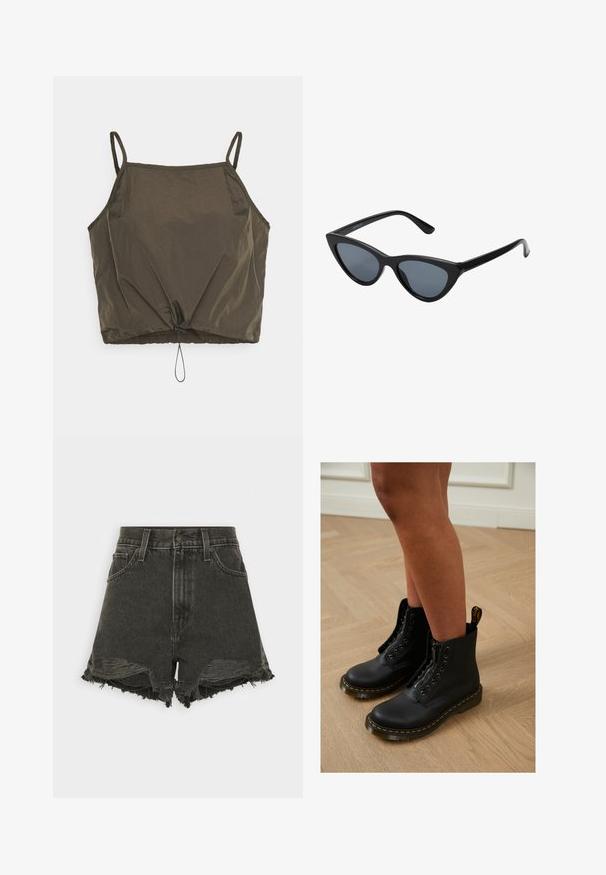 Noisy May NMPARACHUTE DRAWSTRING - Débardeur - crocodile; Shorts en denim noir avec des ourlets effilochés, taille haute, cinq poches et une fermeture à boutons. La texture abîmée ajoute de l'intérêt visuel.; Bottines en cuir noir avec fermeture éclair et design à lacets, arborant des coutures jaunes et une semelle épaisse et texturée.; Lunettes de soleil noires en forme d'œil de chat avec des verres gris foncé, monture en plastique élégante, coins pointus et branches droites. Pas de métal visible ni d'accents.