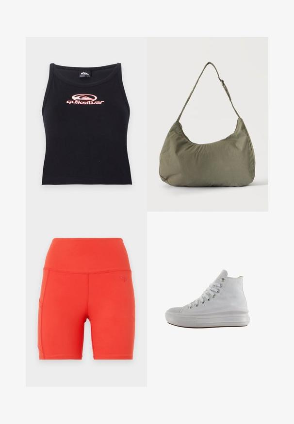 Crop top noir sans manches en tissu doux, avec un logo Quiksilver rose centré sur la poitrine. Design simple avec un décolleté arrondi.; Shorts de sport rouges avec une taille haute, fabriqués à partir d'un matériau lisse et extensible. Comprend une poche latérale et un petit logo en relief.; Baskets montantes en toile blanche avec lacets blancs, œillets métalliques, semelle épaisse en caoutchouc et bout texturé, orientées vers la gauche sur fond blanc.; Sac à épaule en tissu doux vert olive avec fermeture éclair et bandoulière réglable sur un fond uni clair.