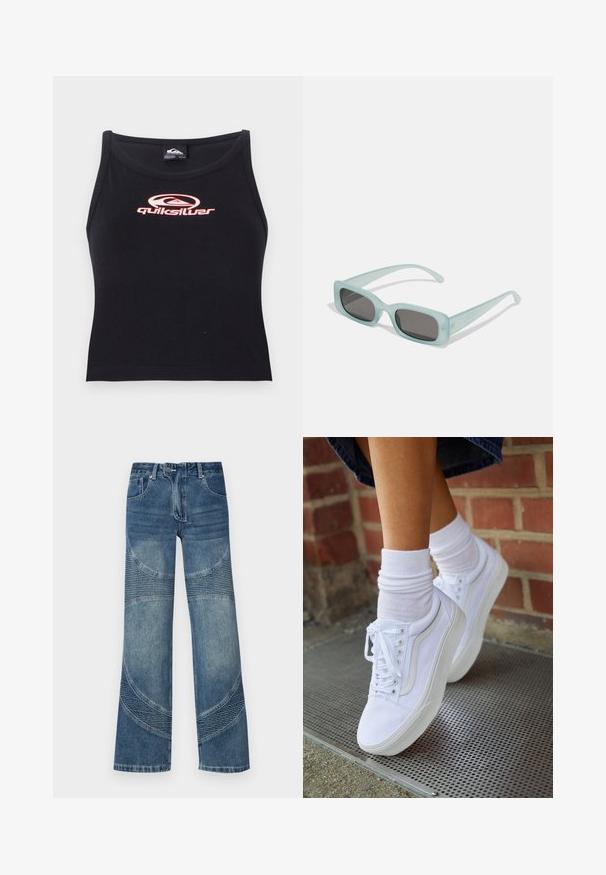 Čierny bezrukávový crop top vyrobený z mäkkej tkaniny, ktorý na hrudi zdobí ružové logo Quiksilver. Jednoduchý dizajn s okrúhlym výstrihom.; Džínsy z modrej denimovej látky s vysokým pásom a širokými nohavicami, s zakriveným švom a ryhovanými časťami na dolnej časti. Neformálny štýl.; Biele plátené tenisky s gumovou podrážkou, s piatimi dierkami na šnúrky, okrúhlou špičkou a svetlými švami, doplnené o biele členkové ponožky.; Párik obdĺžnikových slnečných okuliarov s svetlomodrými priehľadnými rámami a tmavosivými sklami, s rovnými stranami a minimálnymi hardvérovými detailmi.