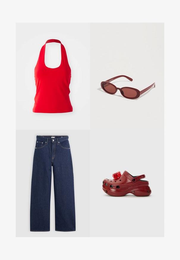 Rød halterneck tanktop med en bred scoop-udskæring og tætsiddende silhuet, lavet af glat stof. Ingen mønstre eller yderligere hardware.; Mørkeblå denim brede ben jeans med høj talje, der har fem lommer, bæltestropper og detaljer med kobber stikninger. Glat tekstur.; Rød plastikklip med ventilationshuller, hævet hæl og en blomsterdekoration ovenpå. Har en bagrem og teksturerede sider.; Røde ovale solbriller med halvtransparente linser og en glat plastikramme. Stængerne er slanke og har en hvid logo.