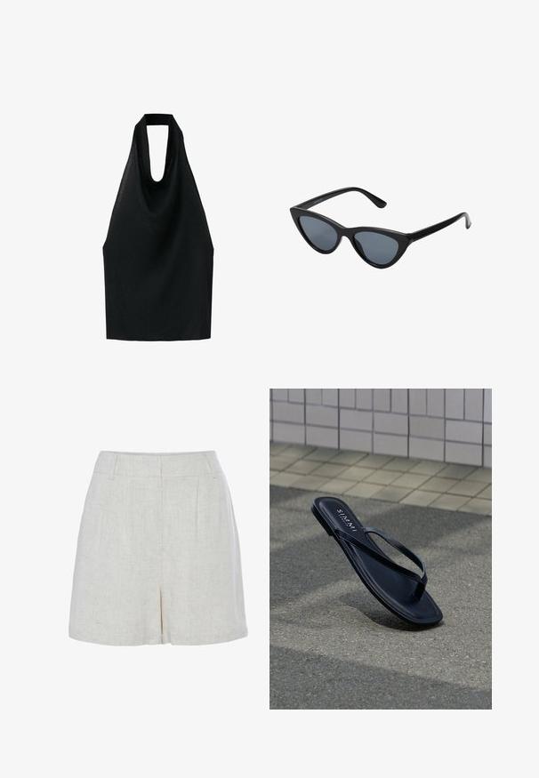 Zwarte mouwloze top met halterneck, diepe ronde halslijn en losse, gedrapeerde stof.; LASCANA SHORTS - Shorts - sand; Zwarte leren teenslipper met dunne bandjes, rustend op grijze bestrating nabij een betegelde muur, met de merknaam "S. MAMMI" op de inlegzool.; Zwarte cat-eye zonnebril met donkergrijze lenzen, slank plastic frame, puntige hoeken en rechte pootjes. Geen zichtbare hardware of accenten.