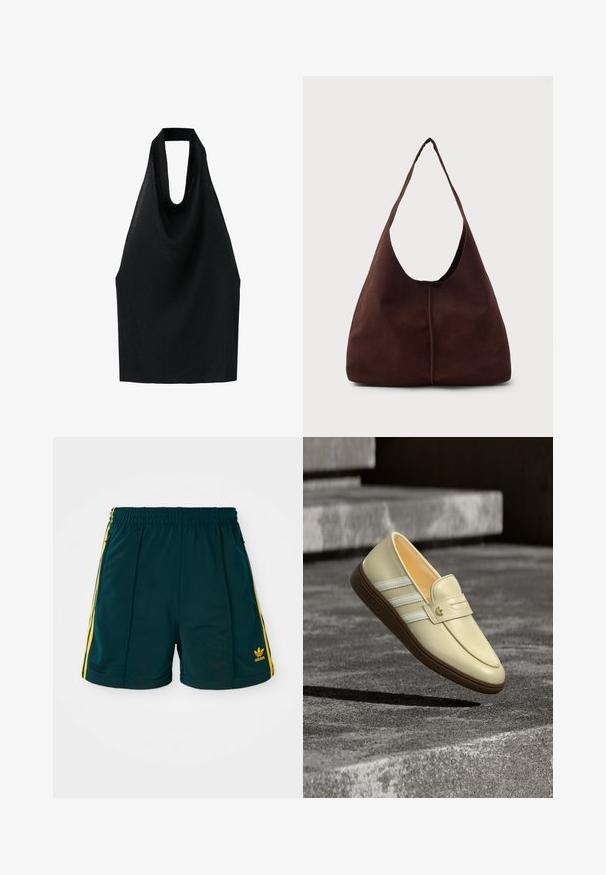 Schwarzes ärmelloses Neckholder-Top mit tiefem Rundhalsausschnitt und locker fallendem, drapiertem Stoff.; Dunkelgrüne Sportshorts mit einem elastischen Bund, ausgestattet mit gelben Seitenstreifen und einem gestickten gelben Logo am Unterschenkel.; Beigefarbener Adidas-Slipper mit weißen Streifen und brauner Sohle, der über strukturierten Steinstufen im Freien schwebt.; Braune Wildleder-Hobo-Tasche mit einer großen, geschwungenen Öffnung und einem breiten Schulterriemen. Sie verfügt über eine mittige Naht auf der Vorderseite. Glatte Textur.