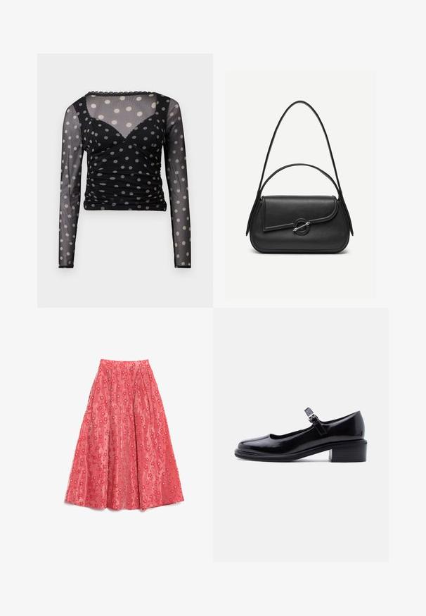 Čierny top s dlhým rukávom vyrobený z priesvitného materiálu, so striebornými bodkami, zúženým telom a ozdobným výstrihom. Slim-fit strih.; Plynúca koralová maxi sukňa vyrobená z textúrovanej látky, s kvetinovým vzorom a malými bielymi akcentmi, s plisovaním pre objem.; Čierna lakovaná kožená Mary Jane obuv s nízkym valcovým podpätkom a nastaviteľným remienkom so sponou na jednoduchom svetlom pozadí.; Čierna kožená kabelka s zaoblenými hranami, asymetrickým klopou, kovovou okrúhlou zapínacou sponou a krátkymi aj dlhými ramennými popruhmi.