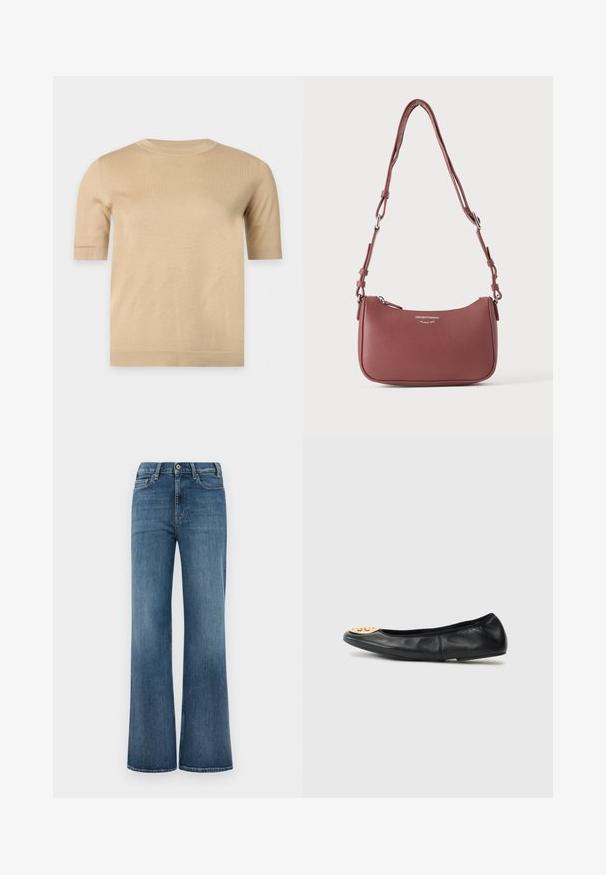 Beige striktrøje med korte ærmer, rund halsudskæring og lige kant, vist på en ensfarvet lys baggrund.; Blå denimjeans med bred benklip, knap- og lynlåslukning samt for- og baglommer, præsenteret på en simpel hvid baggrund.; Sort læderballetflad med en rund tå, der har en gylden hardwareaccent på tåen, glat tekstur og fleksibel sål.; Lille tekstureret violet læderskuldertaske med justerbar rem og sølvlynlås, med Emporio Armani Milano 1981-logo på fronten.