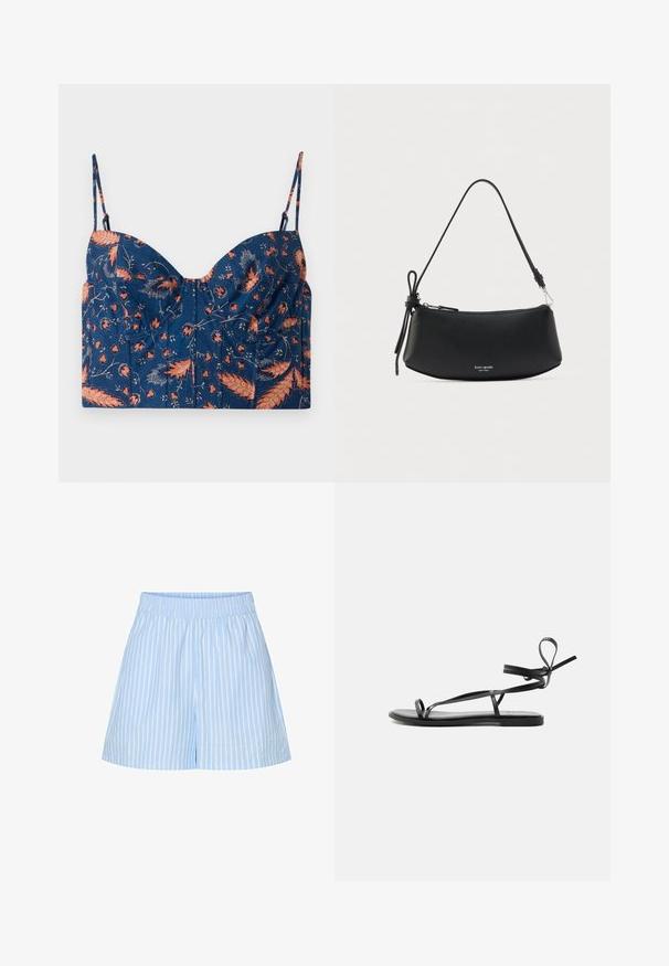 Marineblå cropped top med blomsterprint i orange og pink, med tynde justerbare stropper og strukturerede kopper. Blød stoftekstur.; Lyseblå shorts med lodrette hvide striber, designet med en elastisk talje og en afslappet pasform for komfort. Materialet er bomuld.; Sort flad sandal med tynde stropper og et ankelomviklingsdesign på en ensartet lys baggrund.; Sort læderhåndtaske med en buet form, tekstureret overflade og en enkelt rem. Har lynlås og et logo foran.