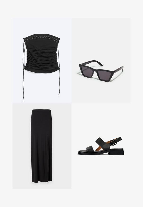 Top corsé negro palabra de honor con fruncidos, detalle de cordones y lazos largos en los laterales, colocado plano sobre un fondo claro.; falda maxi negra hecha de un material suave y elástico. Cuenta con una abertura lateral y un diseño simple y estilizado sin adornos.; Sandalia de cuero negro con dos correas horizontales y una correa en el tobillo con hebilla. Suela plana y texturizada con un ligero tacón y un acabado suave.; Gafas de sol negras y angulares con lentes grises; fabricadas en plástico, con varillas gruesas de superficie suave y sin herrajes visibles.