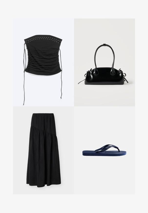 Zwarte strapless geplooide korset top met vetersluiting en lange zijstrikjes, plat gelegd op een lichte achtergrond.; Zwarte enkellange rok met geplooide stof en een diagonale naaddetail aan de voorkant.; Donkerblauwe rubberen teenslipper met een gestructureerde zool en een Y-vormige band op een effen lichte achtergrond.; Kleine zwarte glanzende handtas met twee lange hengsels en zijkant trekkoord details op een effen lichte achtergrond.