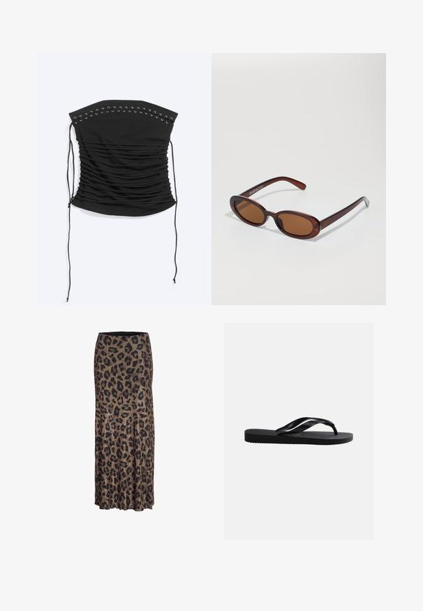 Top corsé negro palabra de honor con fruncidos, detalle de cordones y lazos largos en los laterales, colocado plano sobre un fondo claro.; Falda de estampado de leopardo en marrón y negro, con un diseño fluido y un sutil dobladillo con volantes, confeccionada en una tela ligera y suave.; Sandalia tipo chancla negra de goma con suela texturizada y correas lisas, vista lateral sobre un fondo liso gris claro.; Gafas de sol redondas con tinte marrón y un marco burdeos brillante. Patillas delgadas con un sutil detalle de marca. Diseño de lentes planos.